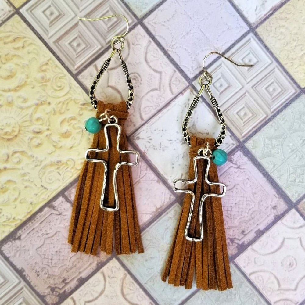 Earrings. Brown Faux Suede Tassel. Silver Cross. Turquoise Beads.